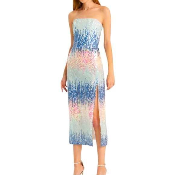 ML Monique Lhuillier x BHLDN Blue Mist Ombre 6 | Sm Blue Pink Strapless Formal - Picture 14 of 14